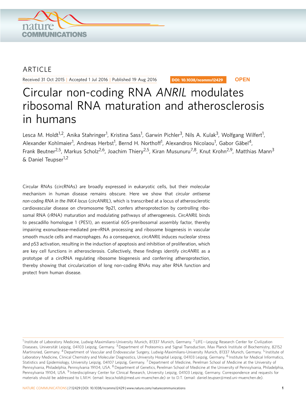 Circular Non-Coding RNA ANRIL Modulates Ribosomal RNA Maturation and Atherosclerosis in Humans