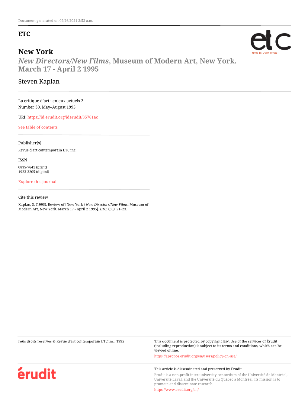 New York / New Directors/New Films, Museum of Modern Art, New York