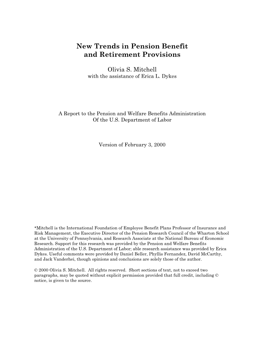 New Trends in Pension Benefit and Retirement Provisions