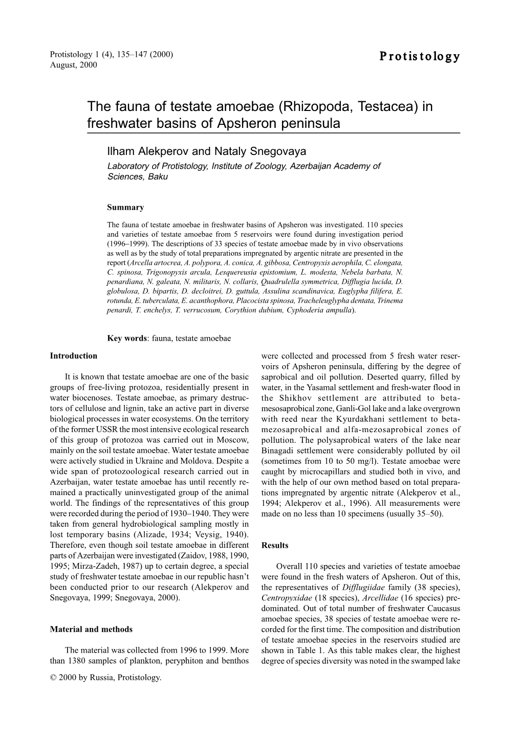 The Fauna of Testate Amoebae (Rhizopoda, Testacea) in Freshwater Basins of Apsheron Peninsula