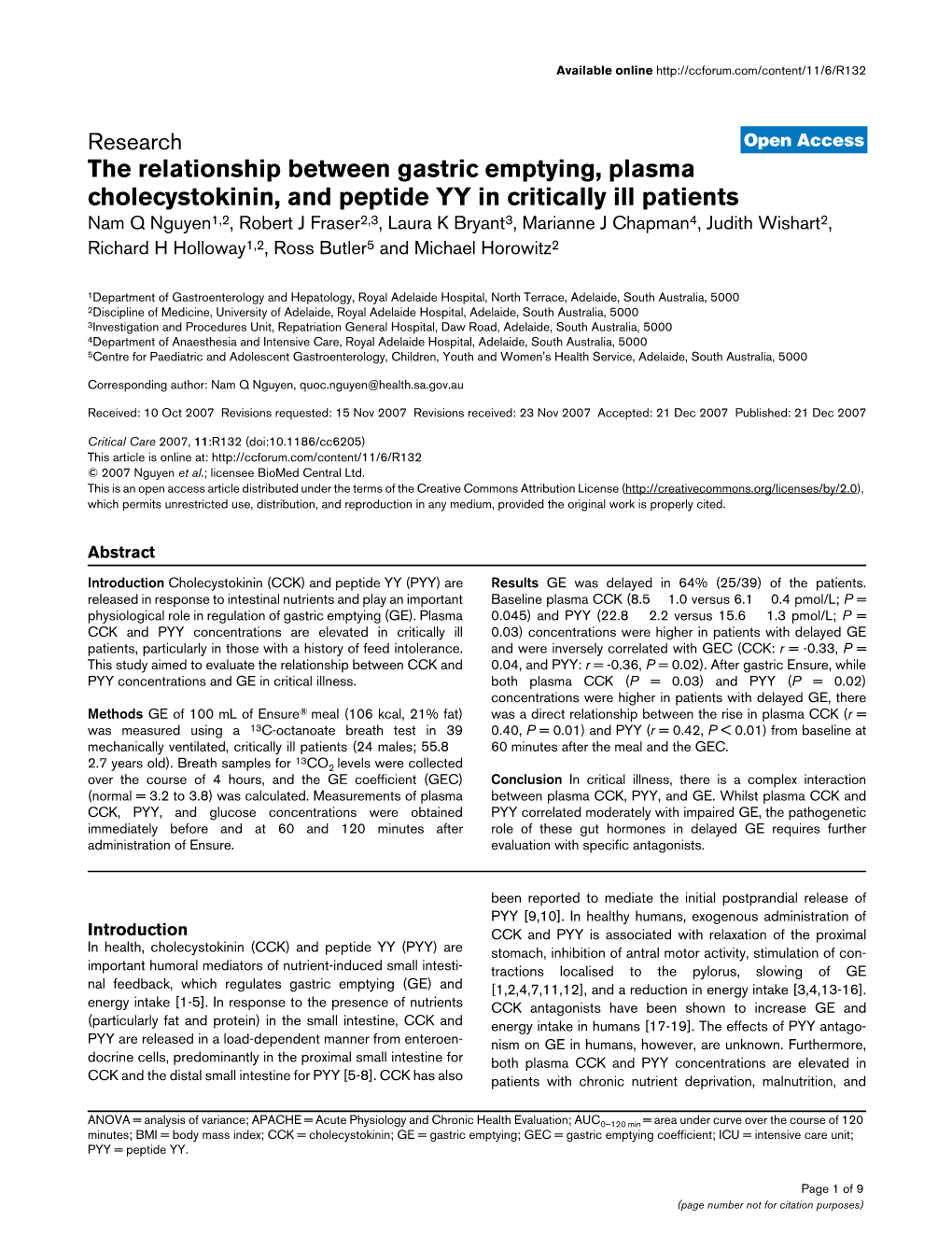 The Relationship Between Gastric Emptying, Plasma Cholecystokinin