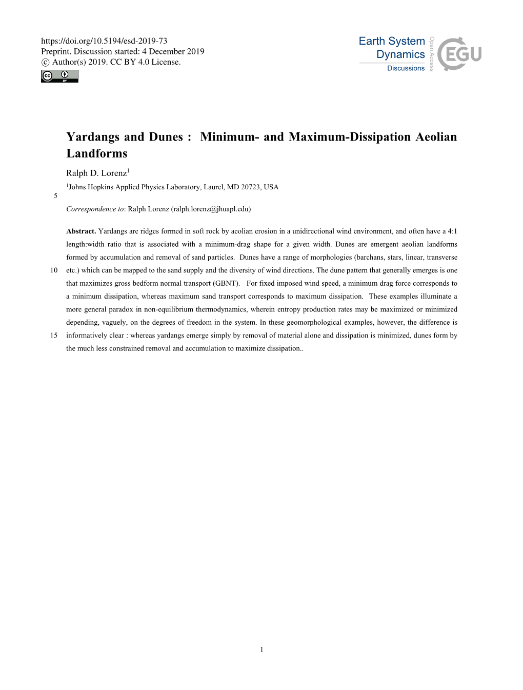 Yardangs and Dunes : Minimum- and Maximum-Dissipation Aeolian Landforms Ralph D