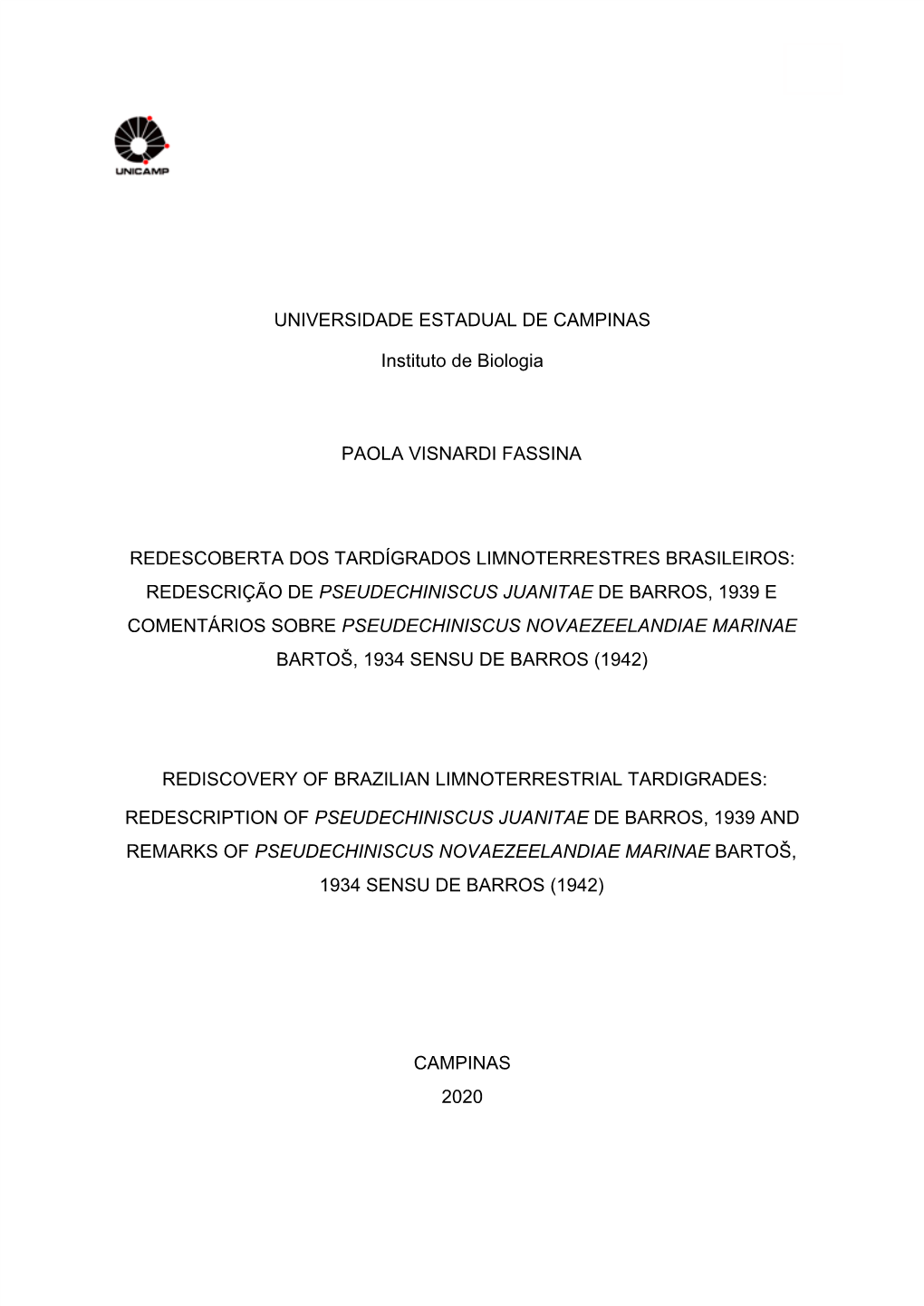 UNIVERSIDADE ESTADUAL DE CAMPINAS Instituto De Biologia