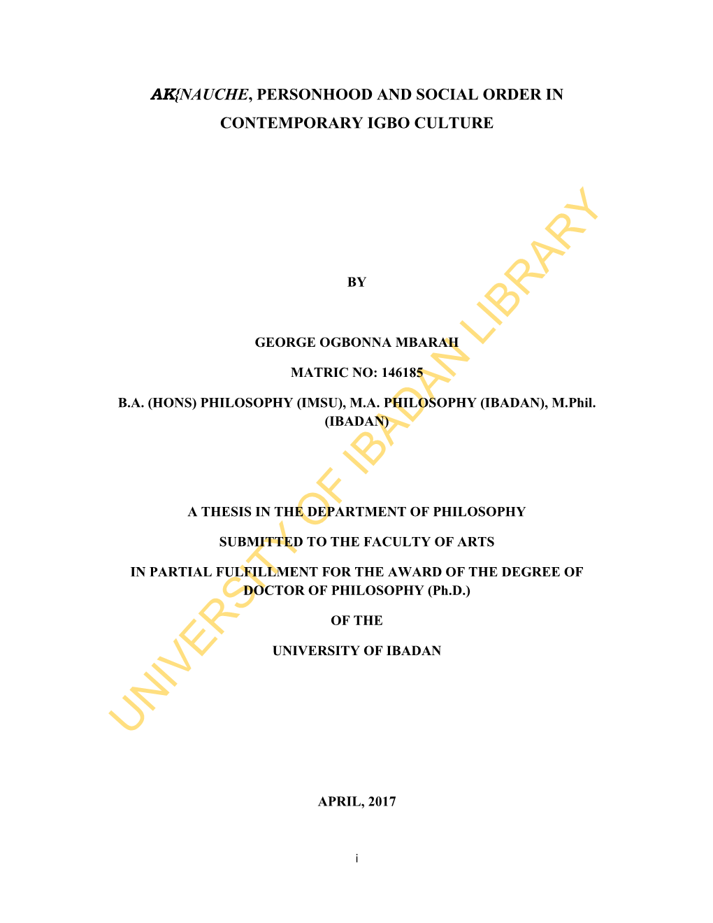 Akonauche, Personhood and Social Order in Contemporary Igbo Thought