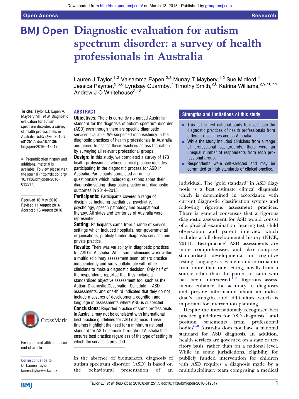 Diagnostic Evaluation for Autism Spectrum Disorder: a Survey of Health Professionals in Australia