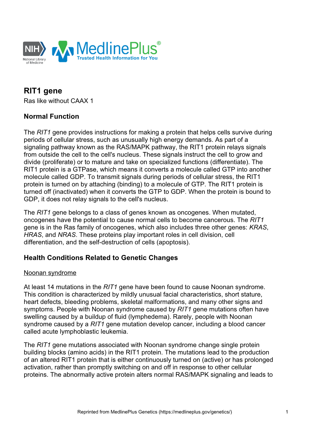 RIT1 Gene Ras Like Without CAAX 1