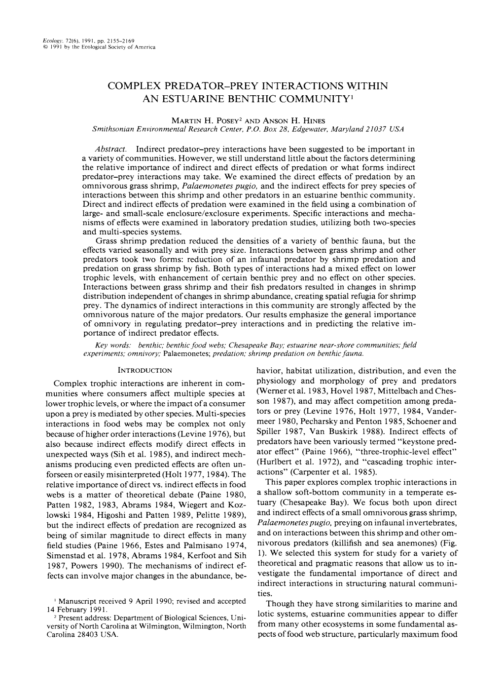 COMPLEX PREDATOR-PREY INTERACTIONS WITHIN an ESTUARINE BENTHIC Communityl