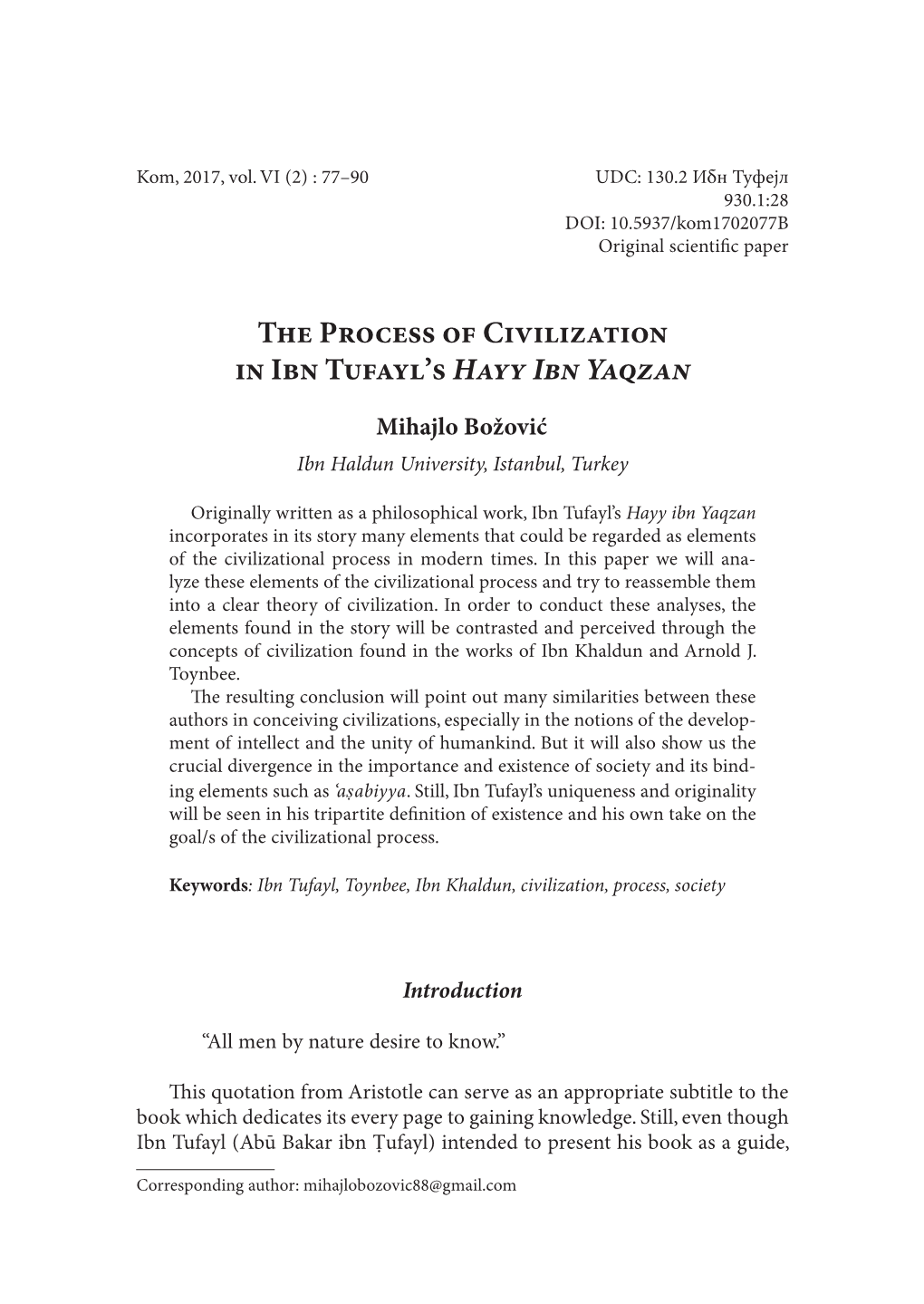 The Process of Civilization in Ibn Tufayl's Hayy Ibn Yaqzan