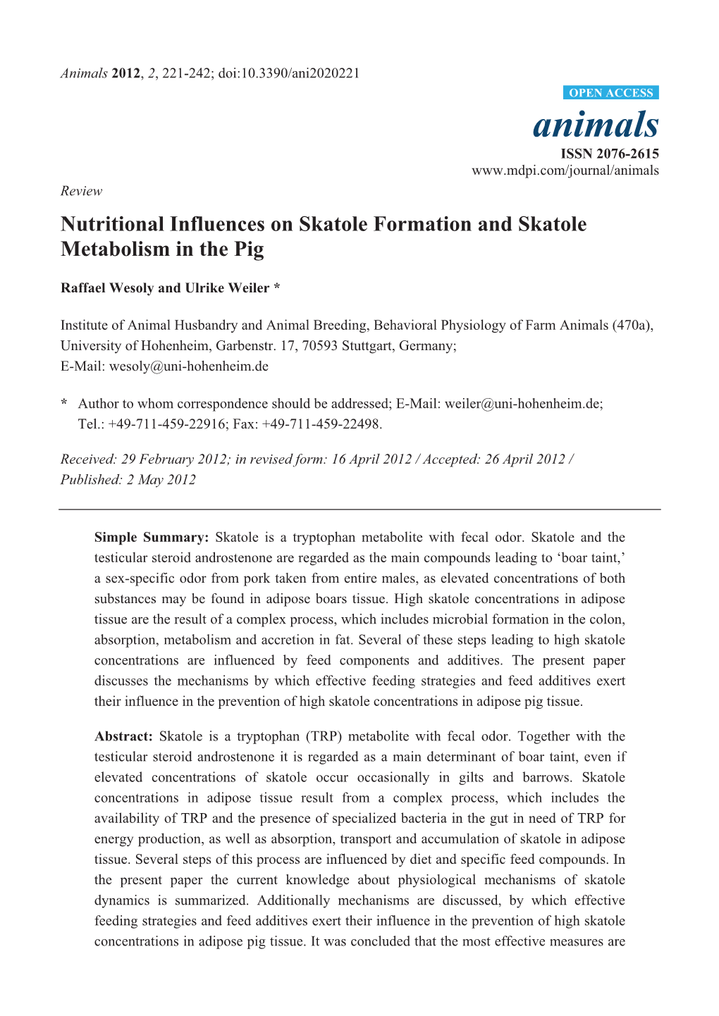 Nutritional Influences on Skatole Formation and Skatole Metabolism in the Pig