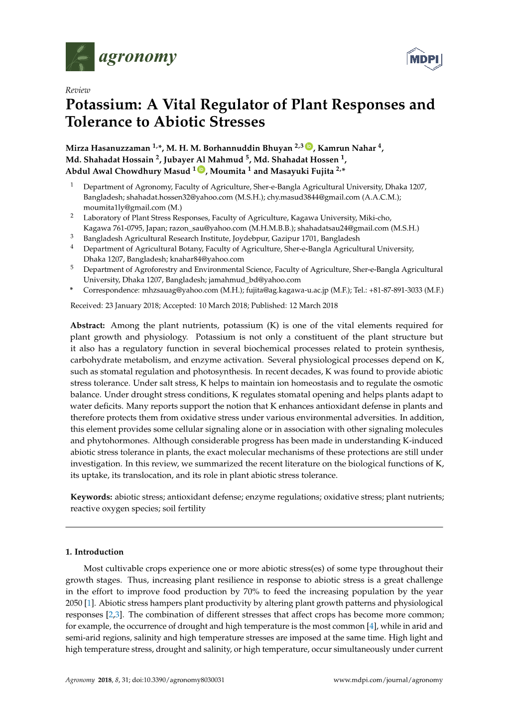 Potassium: a Vital Regulator of Plant Responses and Tolerance to Abiotic Stresses