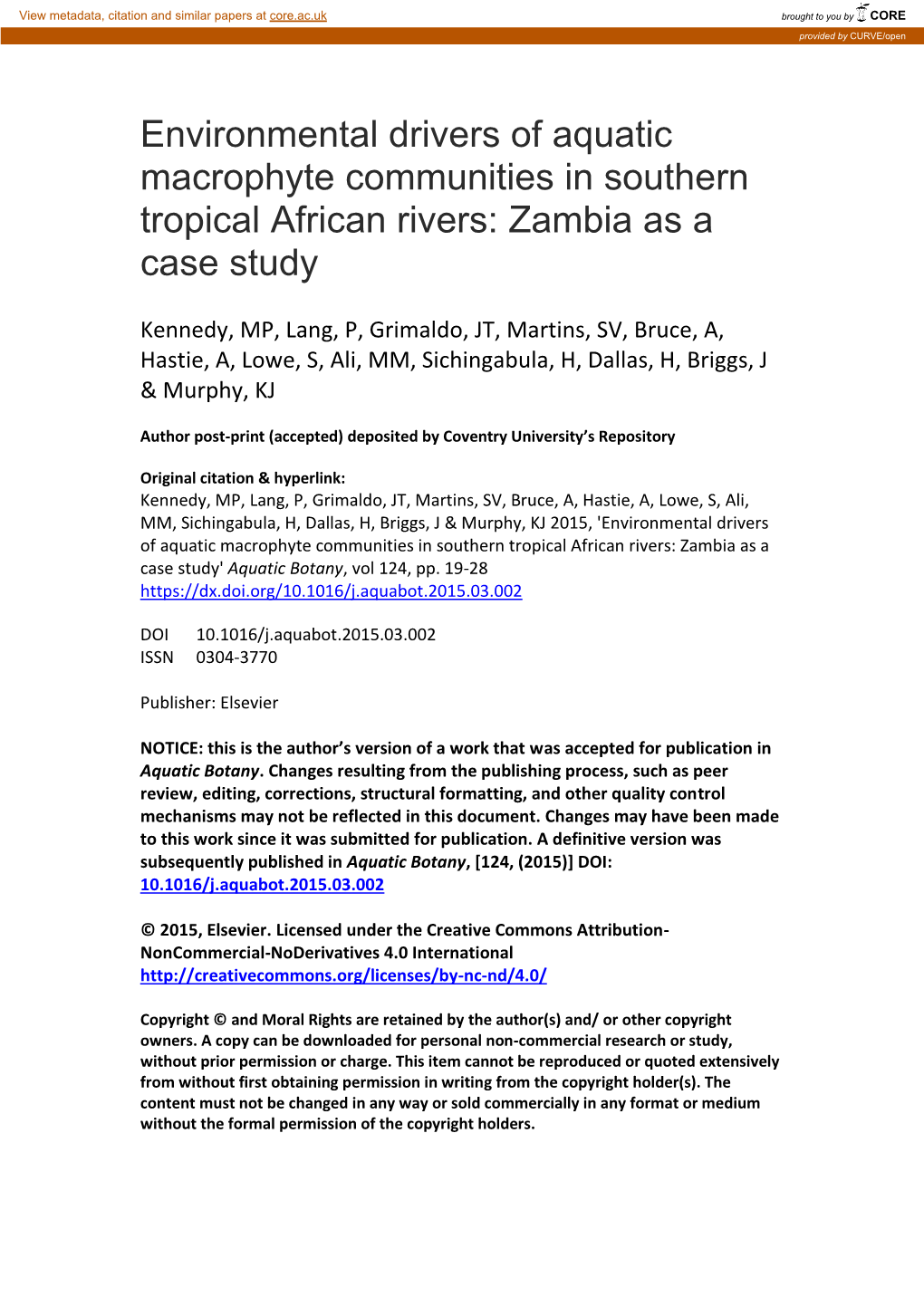 Environmental Drivers of Aquatic Macrophyte Communities in Southern Tropical African Rivers: Zambia As a Case Study