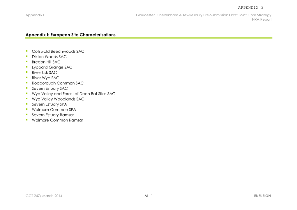 Appendix I Gloucester, Cheltenham & Tewkesbury Pre-Submission Draft Joint Core Strategy HRA Report