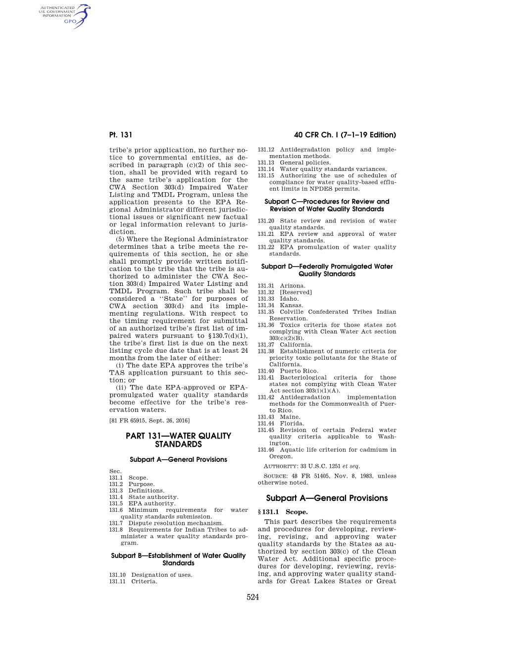 524 PART 131—WATER QUALITY STANDARDS Subpart A—General Provisions