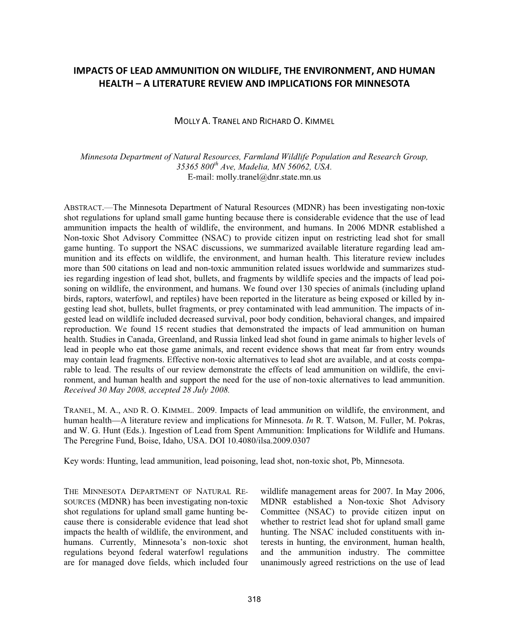 Impacts of Lead Ammunition on Wildlife, the Environment, and Human Health – a Literature Review and Implications for Minnesota