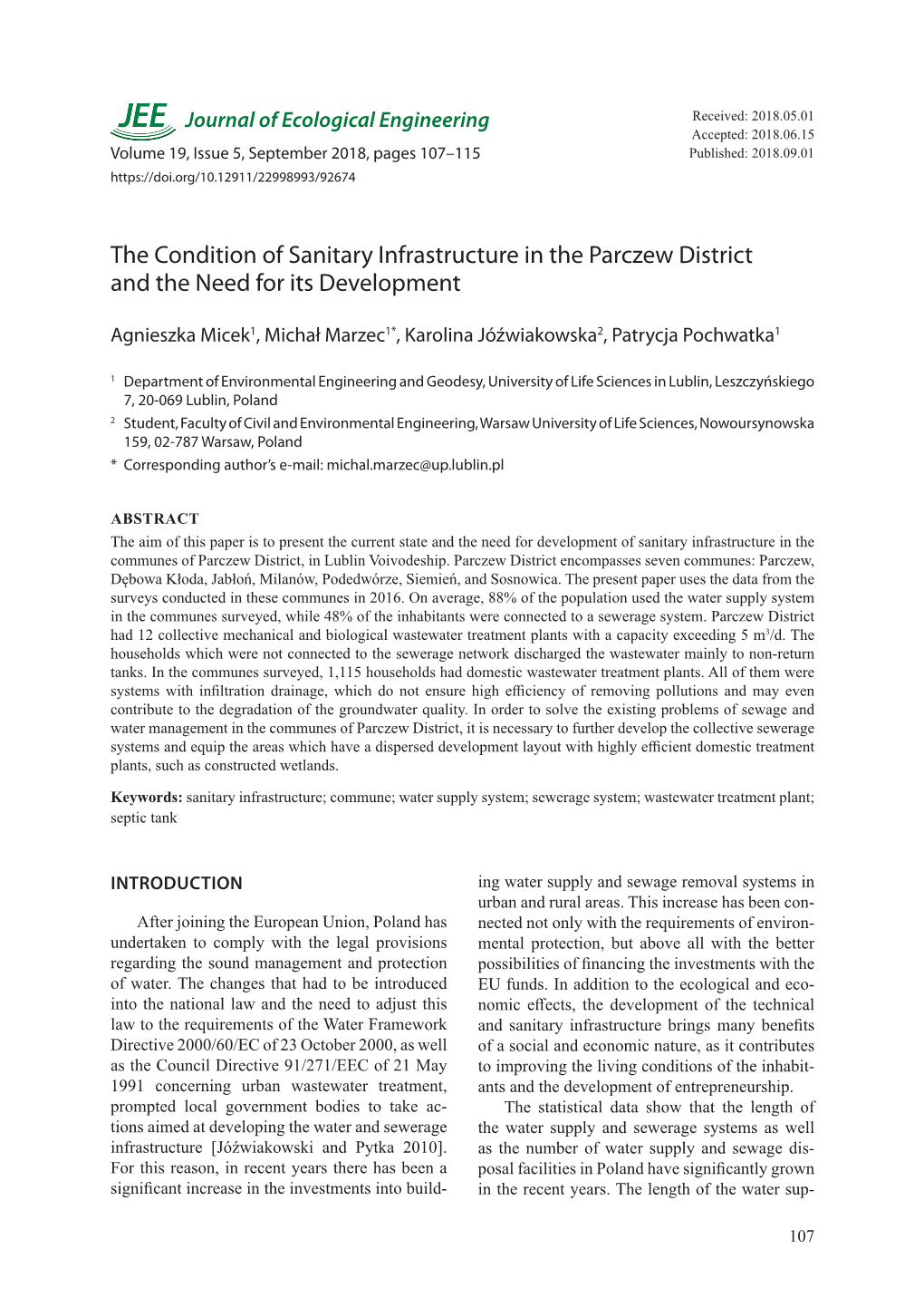 The Condition of Sanitary Infrastructure in the Parczew District and the Need for Its Development