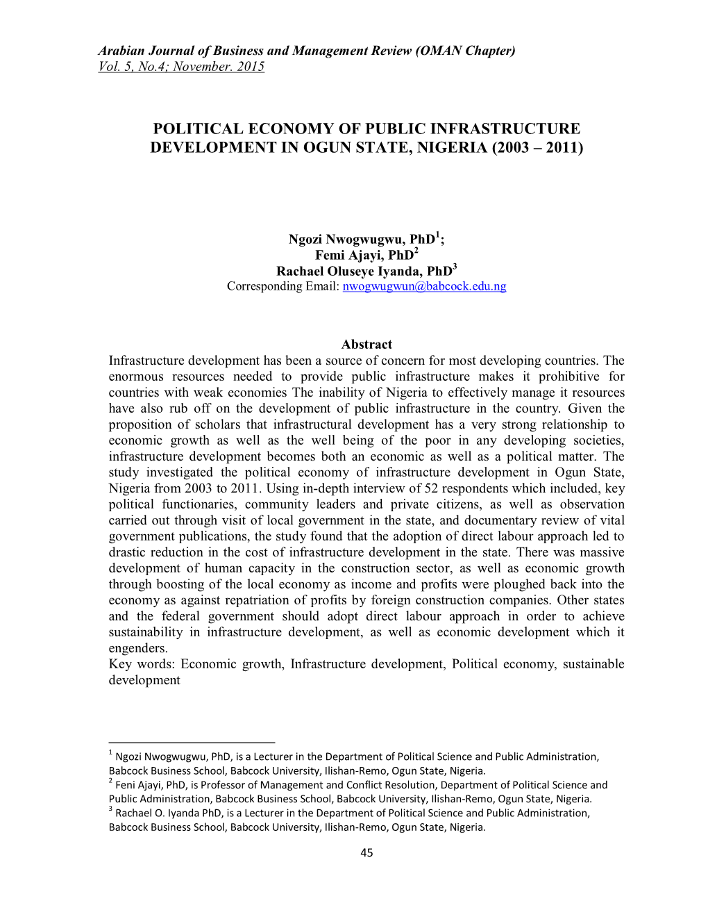 Political Economy of Public Infrastructure Development in Ogun State, Nigeria (2003 – 2011)