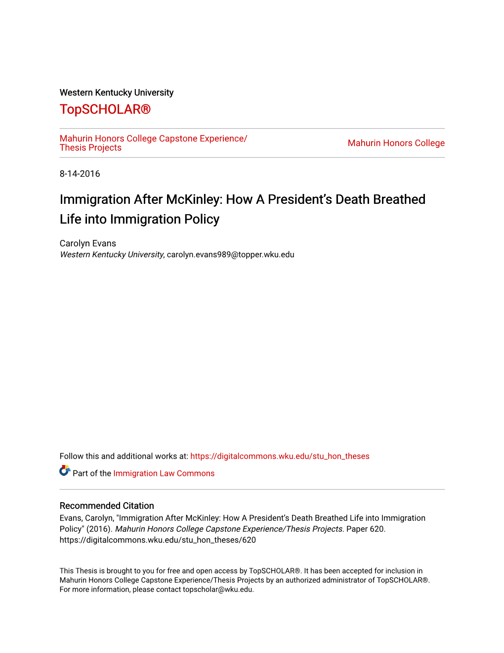 Immigration After Mckinley: How a President’S Death Breathed Life Into Immigration Policy