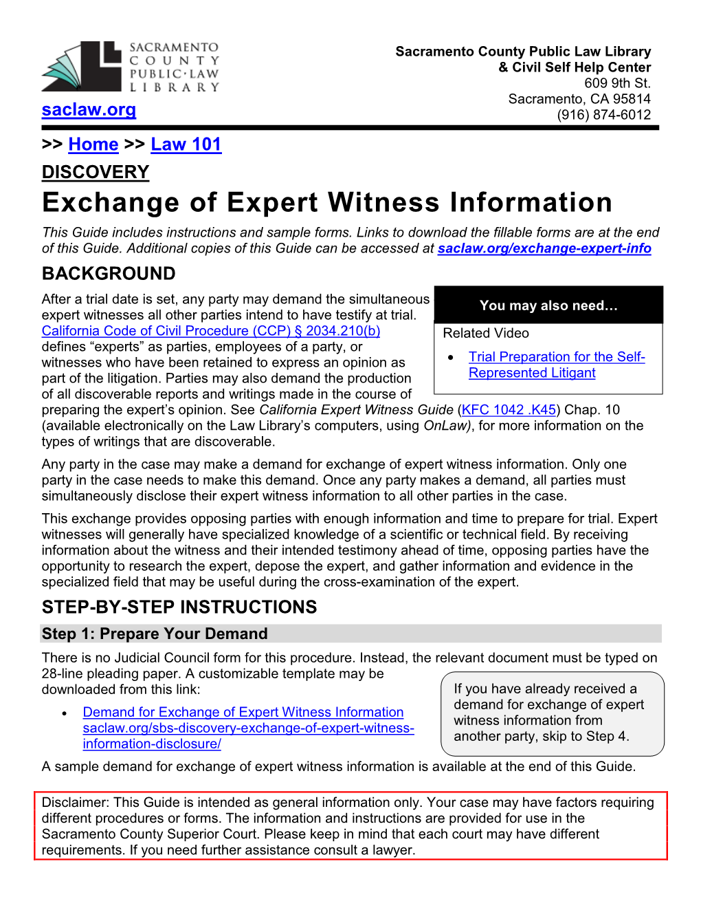Exchange of Expert Witness Information This Guide Includes Instructions and Sample Forms