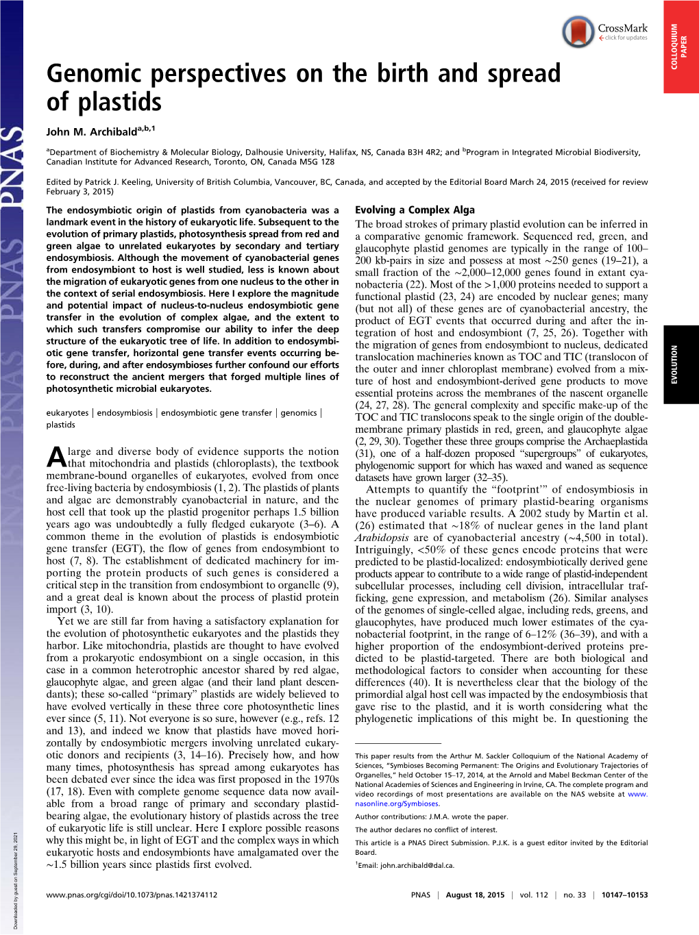 Genomic Perspectives on the Birth and Spread of Plastids