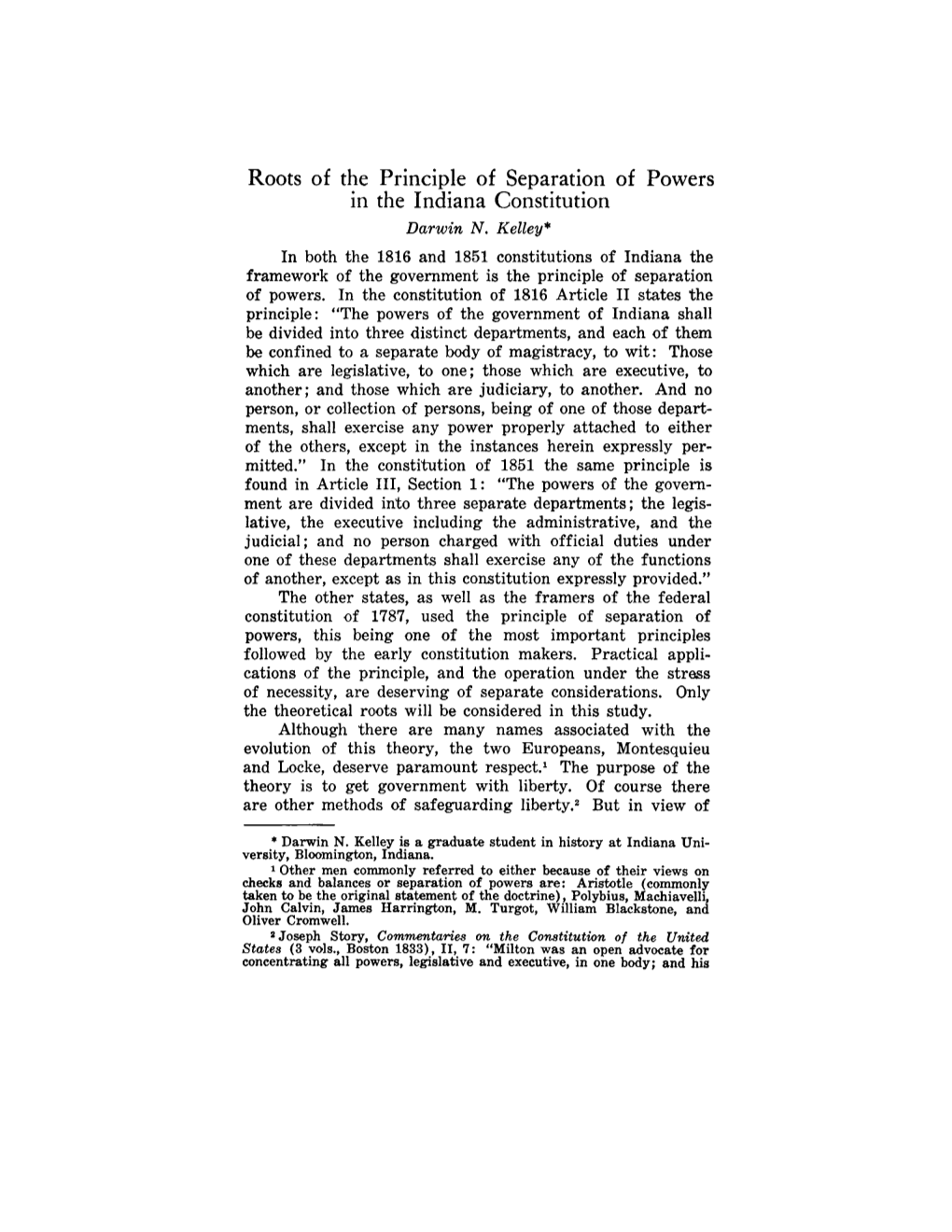 Roots of the Principle of Separation of Powers in the Indiana Constitution Darwin N