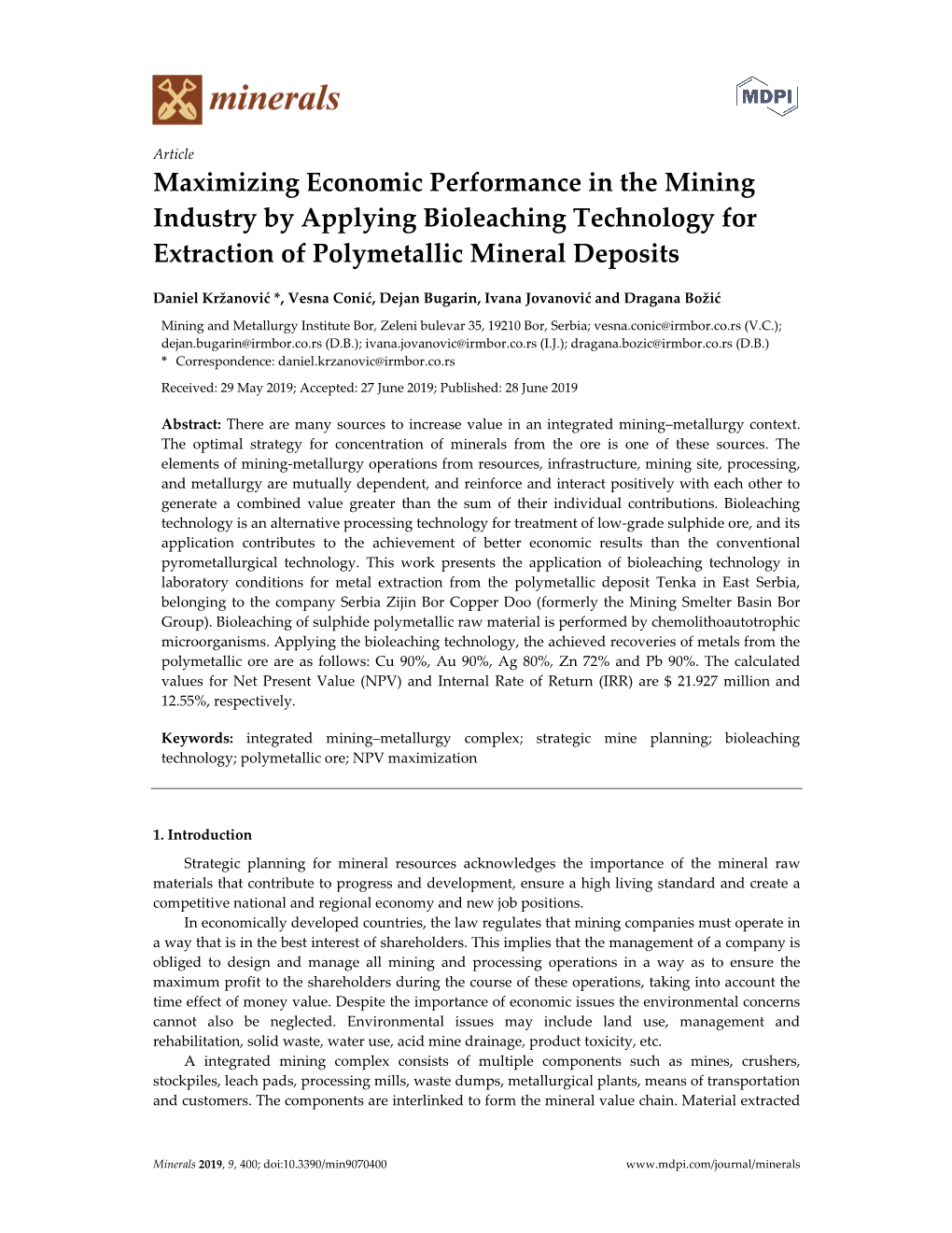 Maximizing Economic Performance in the Mining Industry by Applying Bioleaching Technology for Extraction of Polymetallic Mineral Deposits