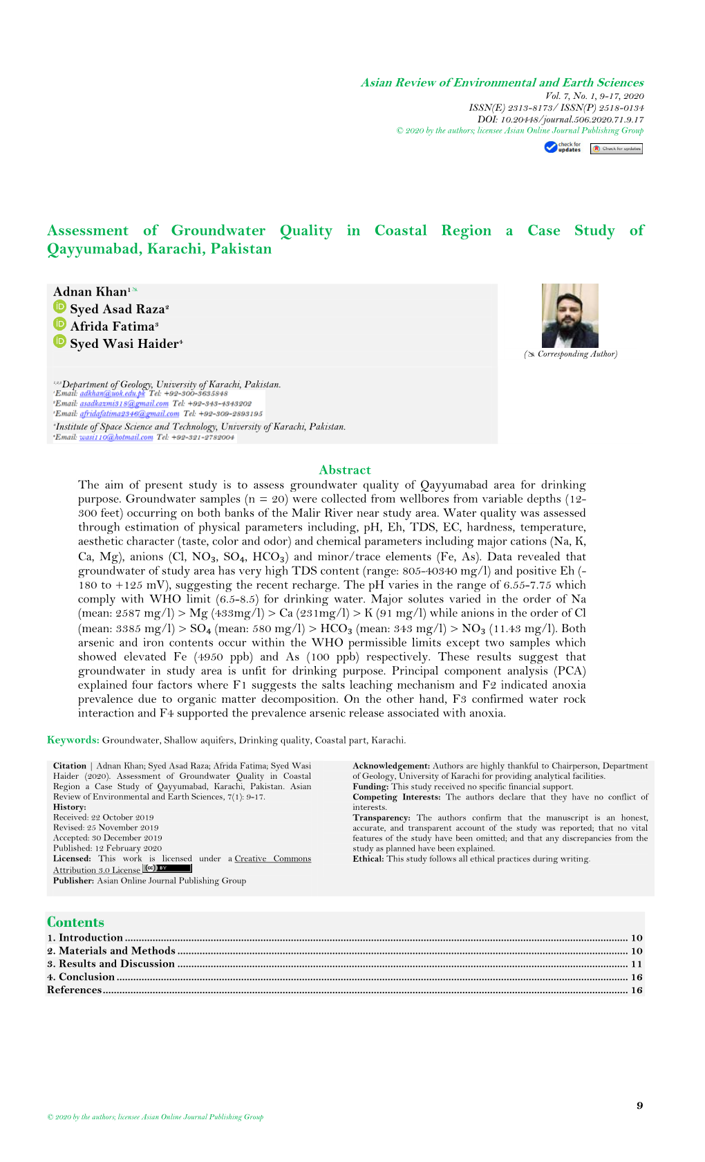 Assessment of Groundwater Quality in Coastal Region a Case Study of Qayyumabad, Karachi, Pakistan