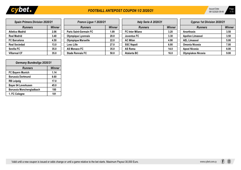 Football Antepost Coupon 1/2 2020/21 06/12/2020 09:49 1 / 5