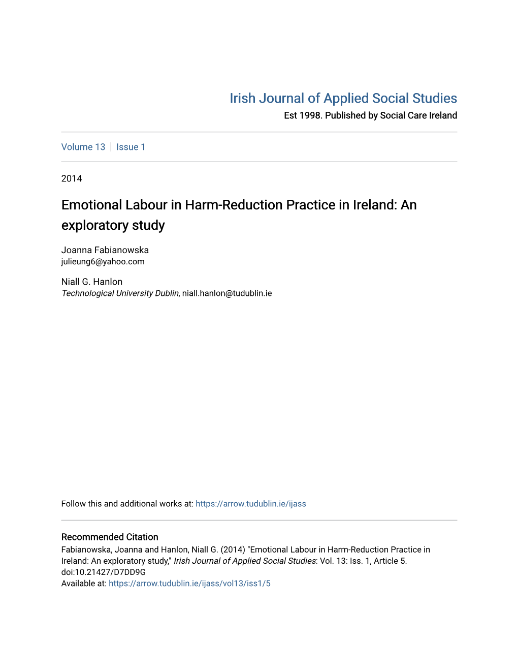 Emotional Labour in Harm-Reduction Practice in Ireland: an Exploratory Study