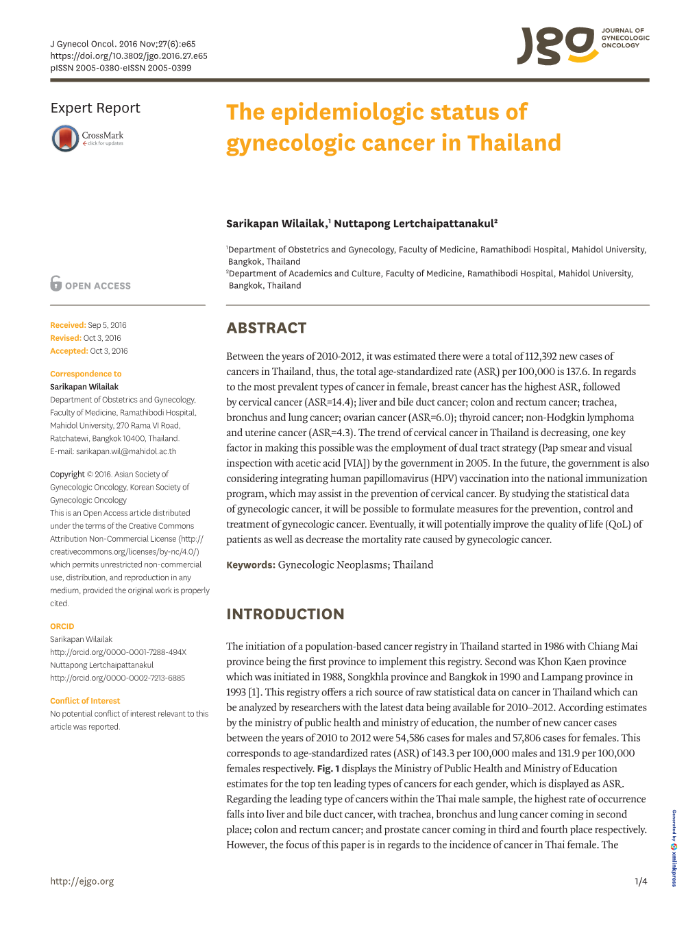 The Epidemiologic Status of Gynecologic Cancer in Thailand