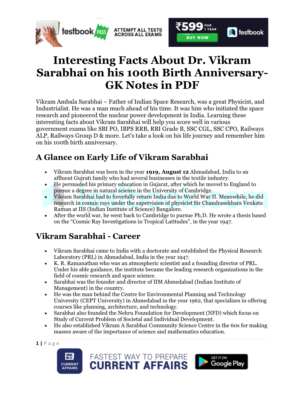 Interesting Facts About Dr. Vikram Sarabhai on His 100Th Birth Anniversary- GK Notes in PDF