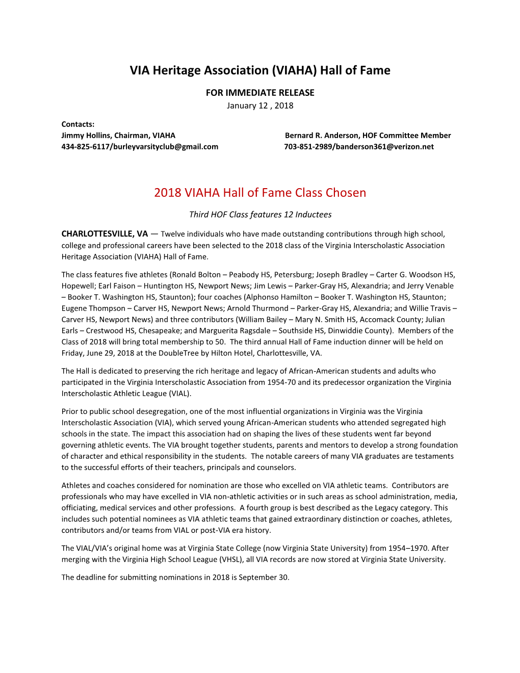 VIAHA) Hall of Fame for IMMEDIATE RELEASE January 12 , 2018