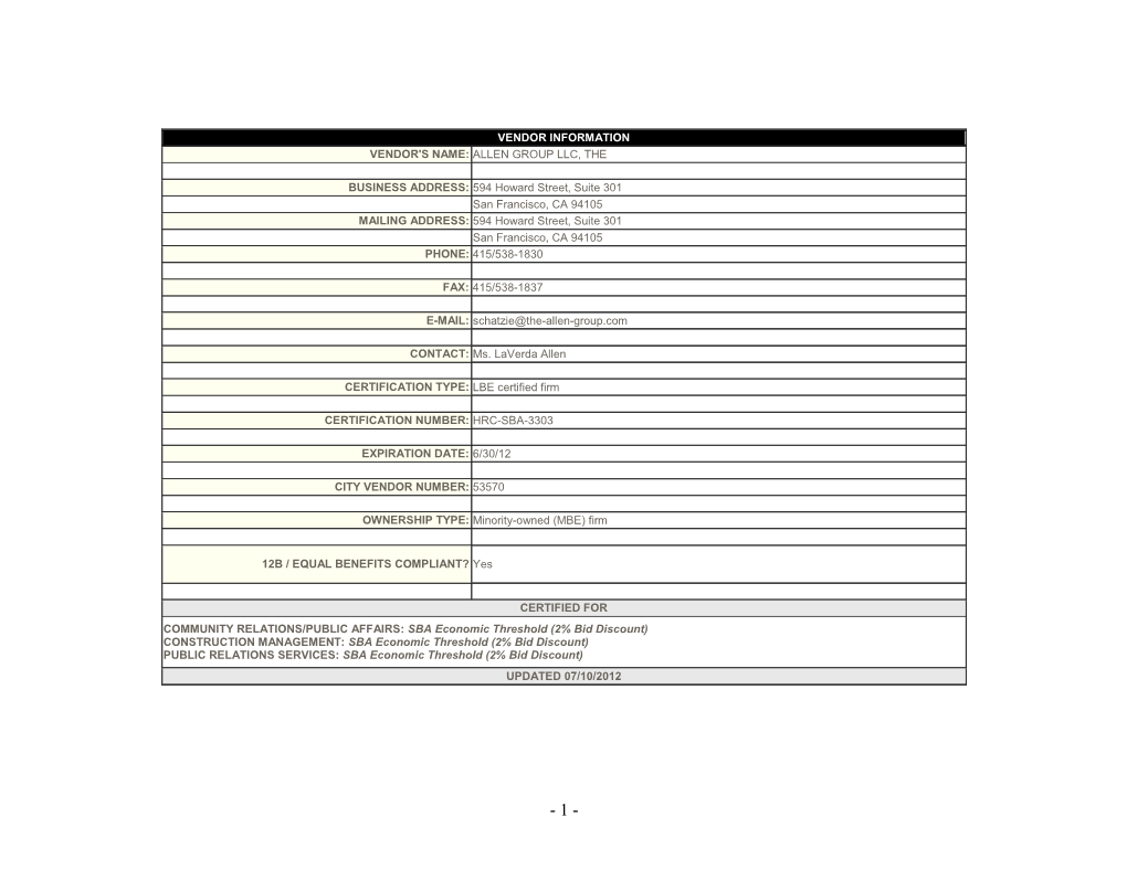 Vendor Information Vendor's Name: Allen Group Llc, The