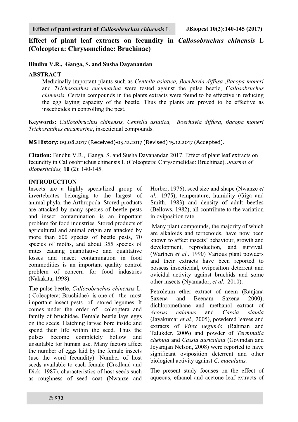 Effect of Plant Leaf Extracts on Fecundity in Callosobruchus Chinensis L (Coleoptera: Chrysomelidae: Bruchinae)