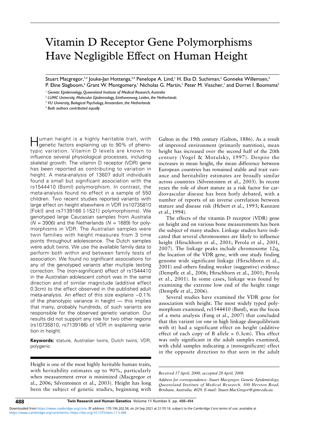 Vitamin D Receptor Gene Polymorphisms Have Negligible Effect on Human Height