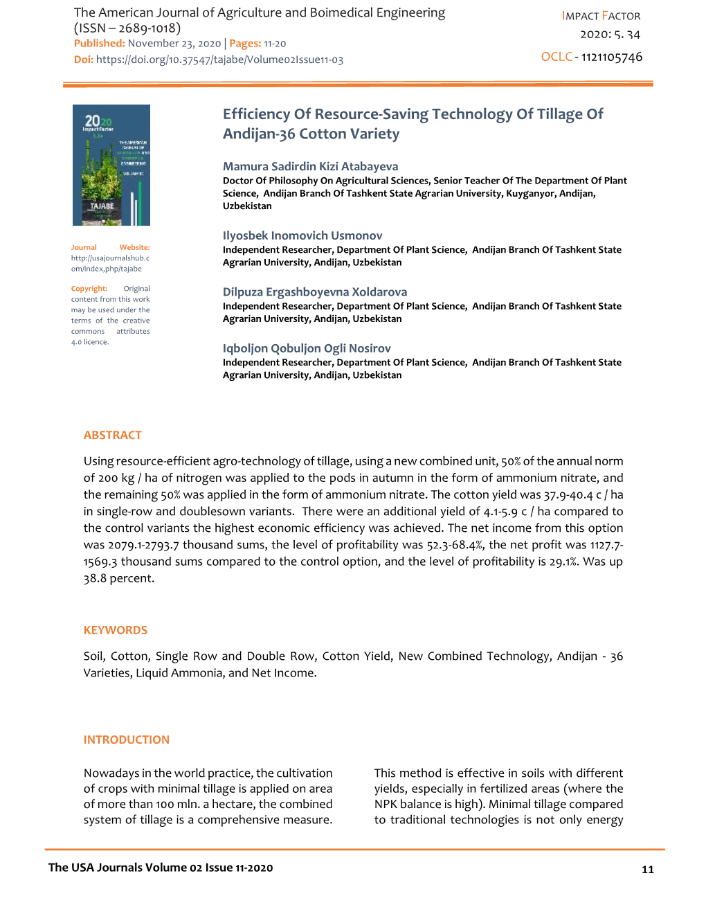 Efficiency of Resource-Saving Technology of Tillage of Andijan-36 Cotton Variety