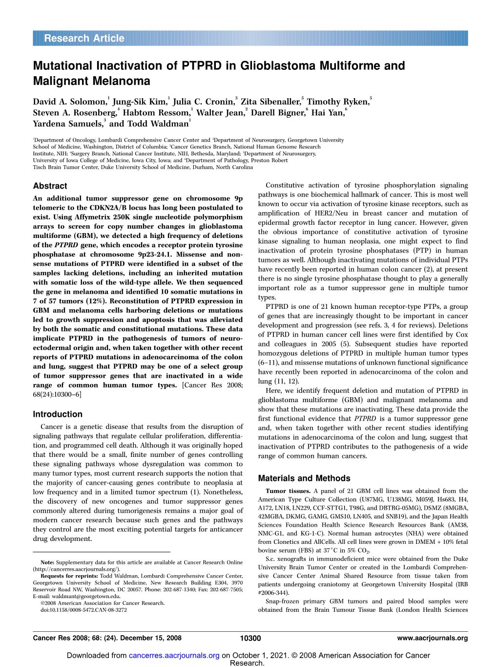 Mutational Inactivation of PTPRD in Glioblastoma Multiforme and Malignant Melanoma