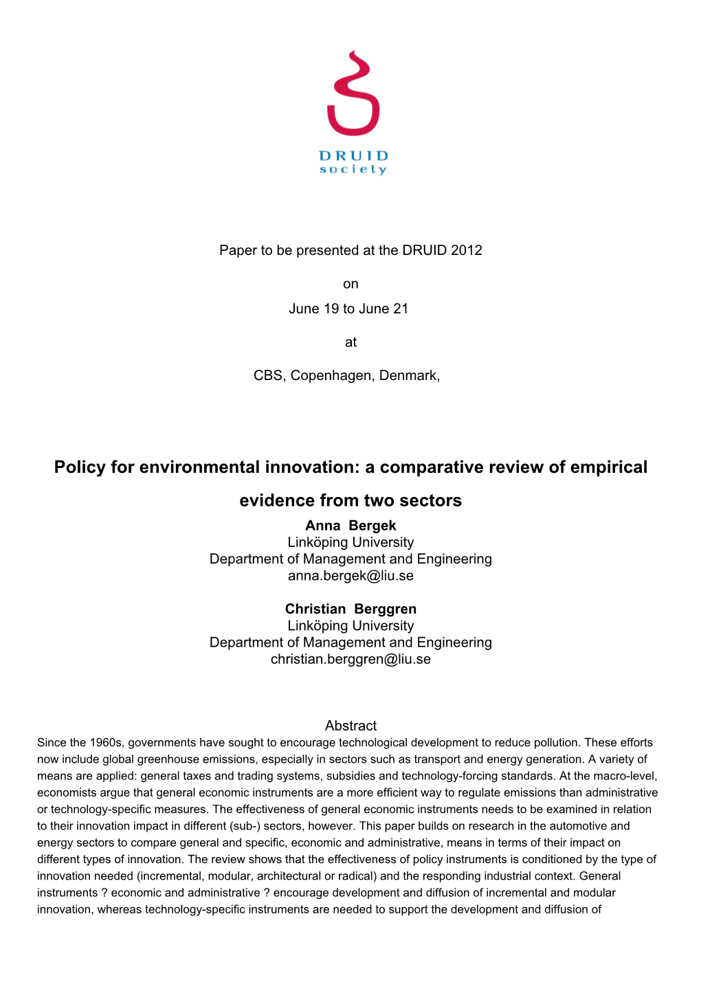 Policy for Environmental Innovation