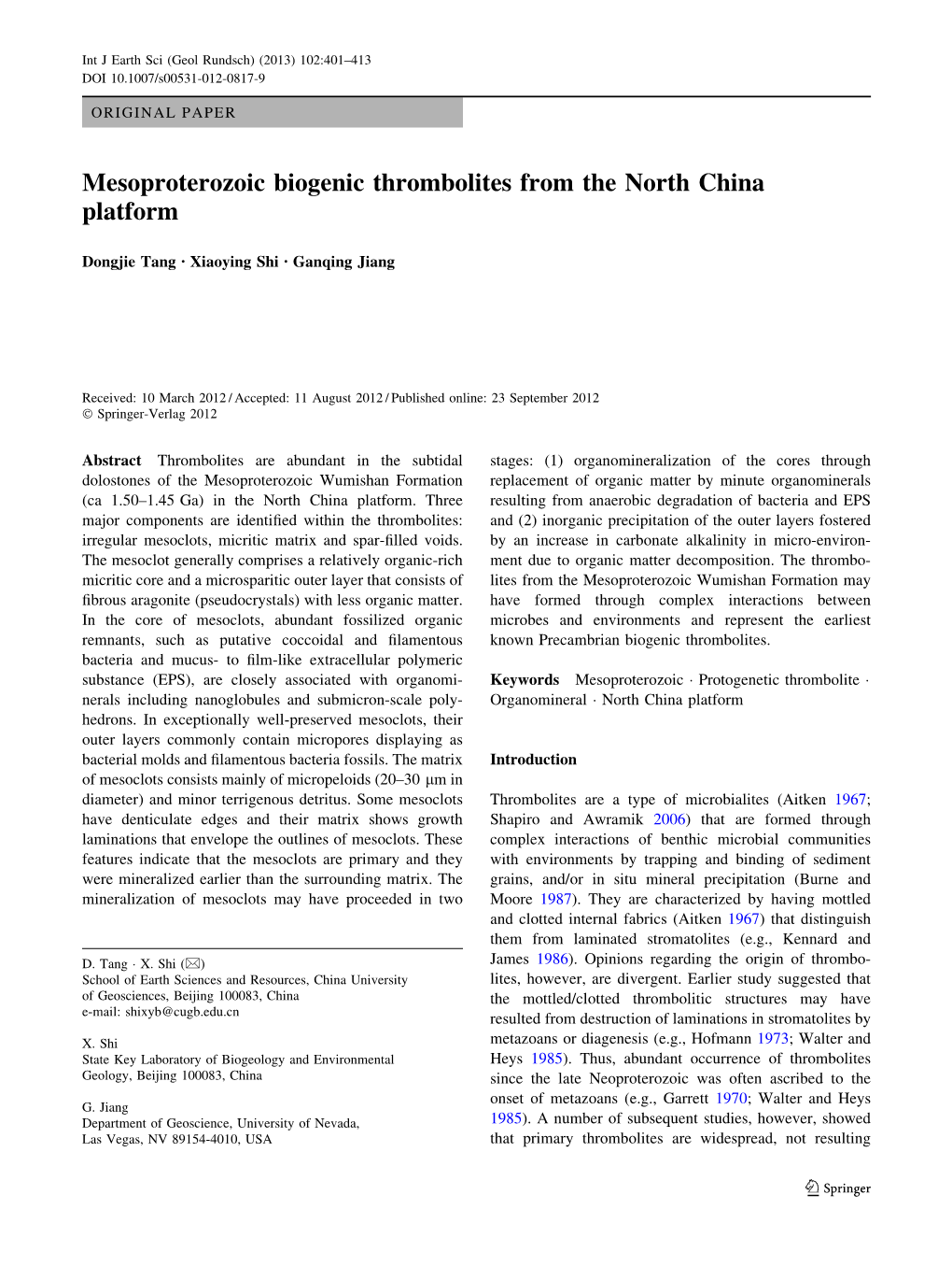 Mesoproterozoic Biogenic Thrombolites from the North China Platform