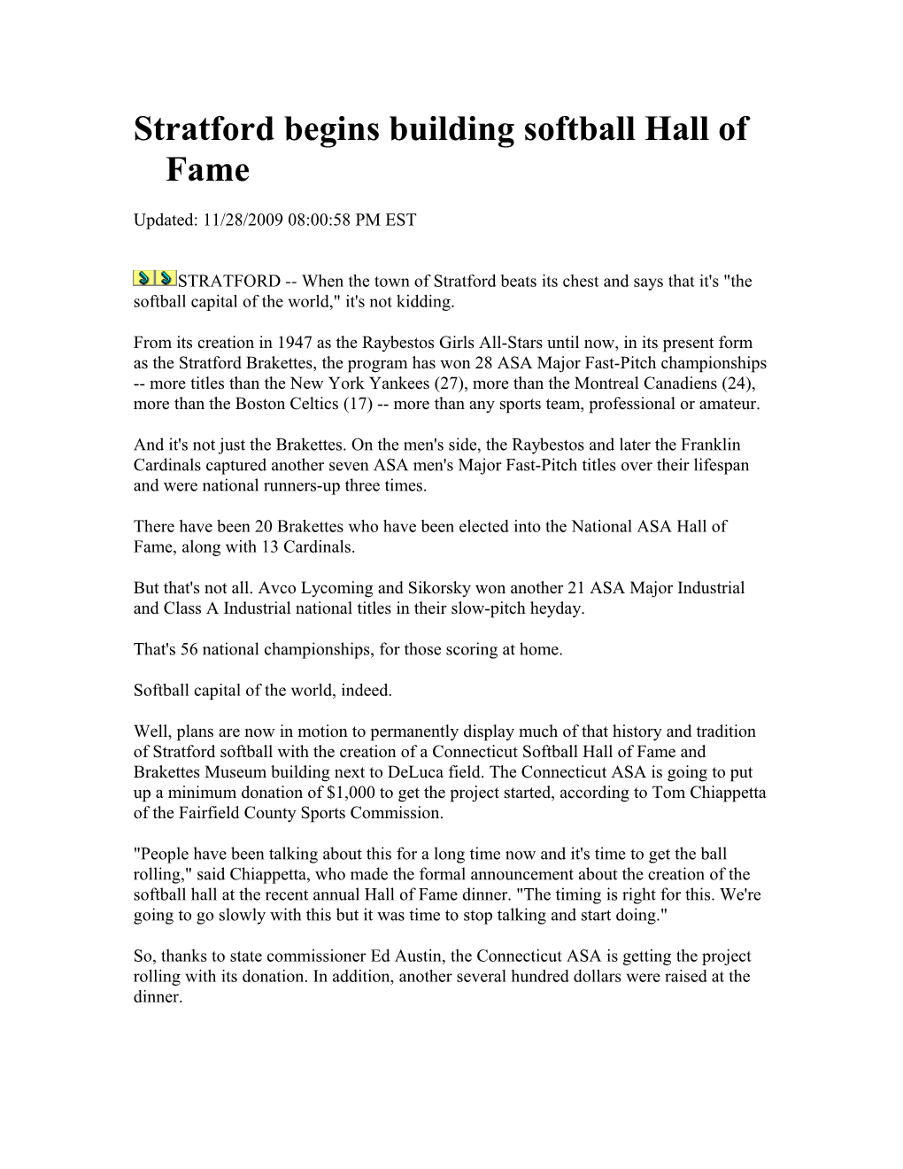 Stratford Begins Building Softball Hall of Fame