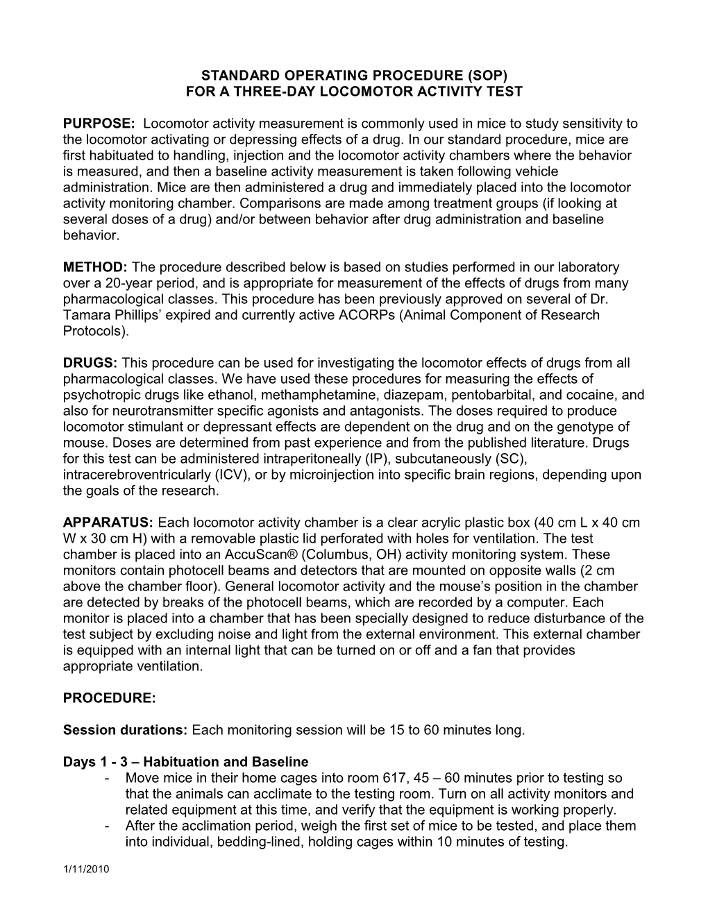 Locomotor Activity Test SOP (Portland VA Medical Center)