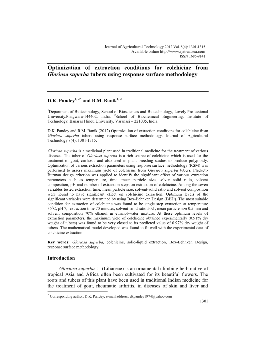 Optimization of Extraction Conditions for Colchicine from Gloriosa Superba Tubers Using Response Surface Methodology