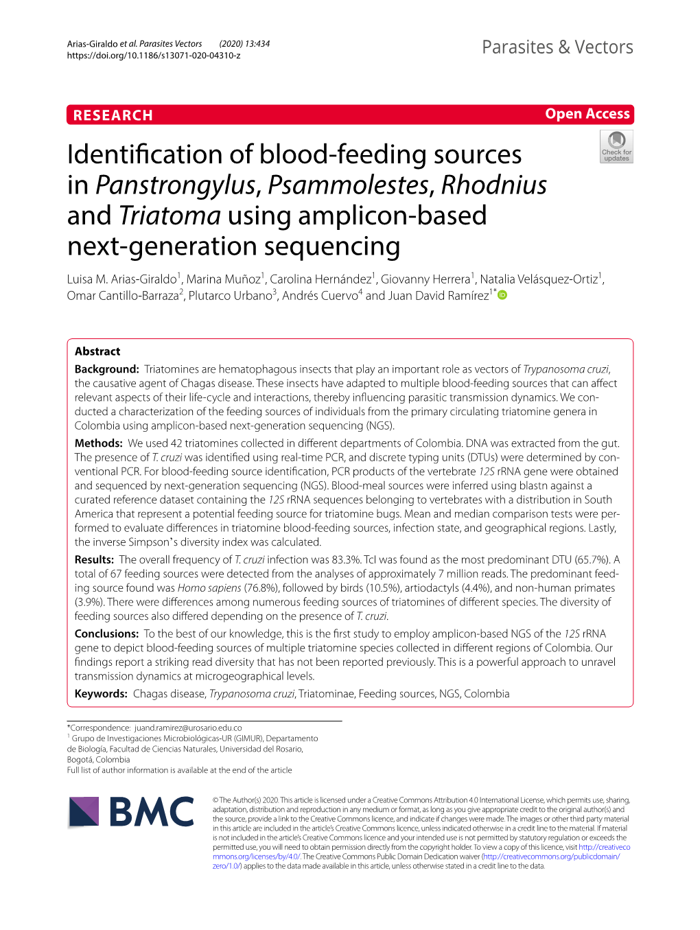 Identification of Blood-Feeding Sources in Panstrongylus, Psammolestes