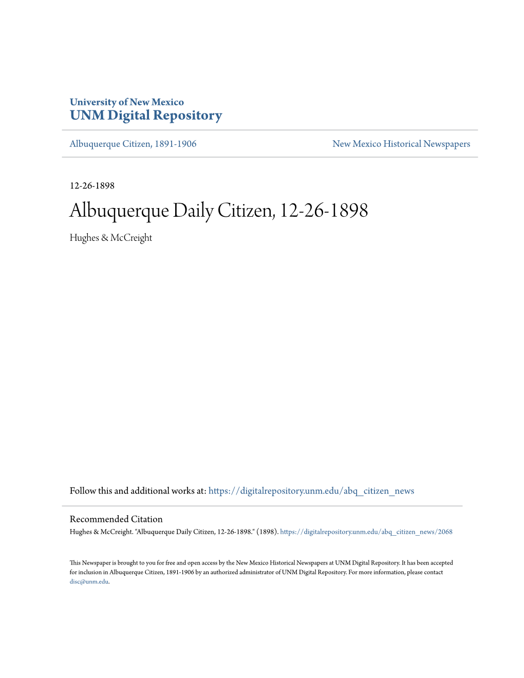 Albuquerque Daily Citizen, 12-26-1898 Hughes & Mccreight