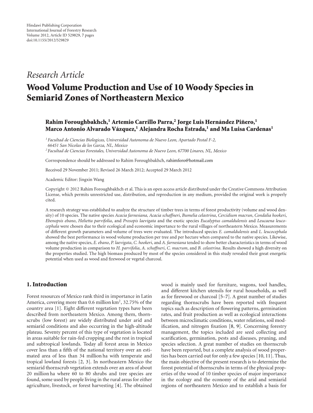 Research Article Wood Volume Production and Use of 10 Woody Species in Semiarid Zones of Northeastern Mexico