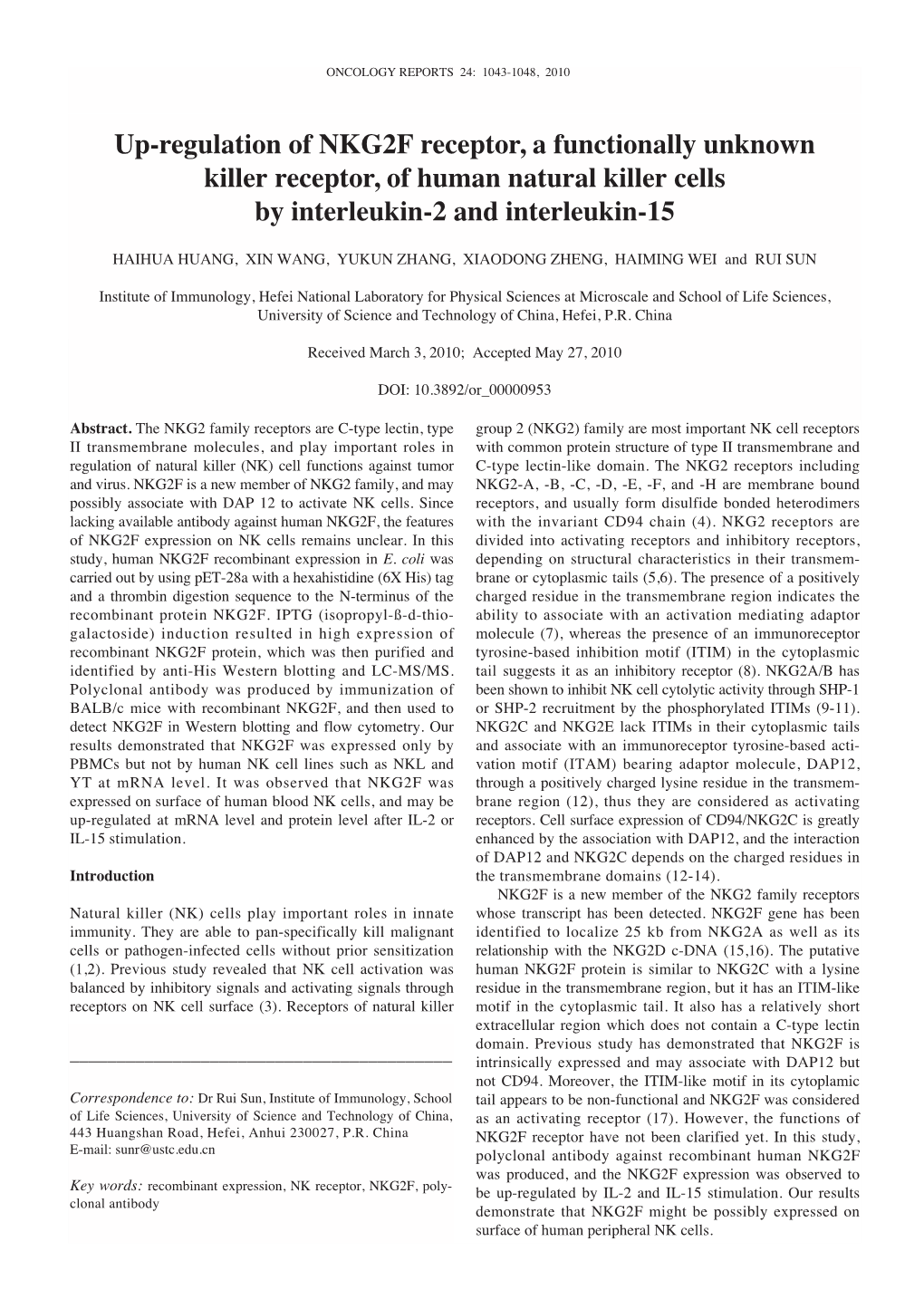 Up-Regulation of NKG2F Receptor, a Functionally Unknown Killer Receptor, of Human Natural Killer Cells by Interleukin-2 and Interleukin-15