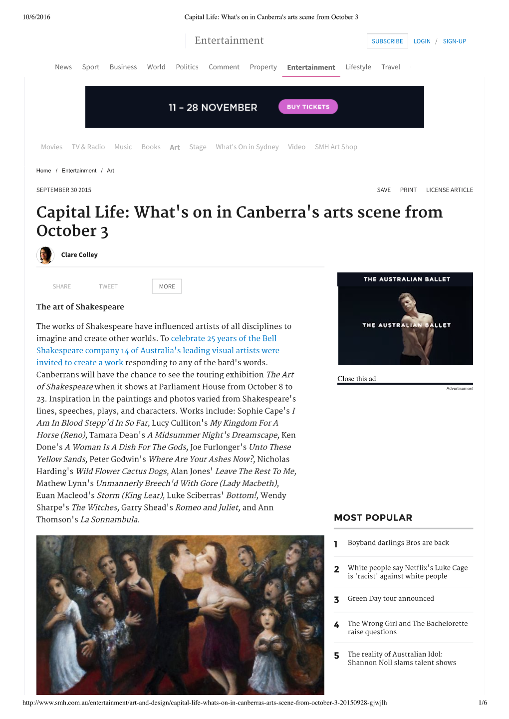 Capital Life: What's on in Canberra's Arts Scene from October 3