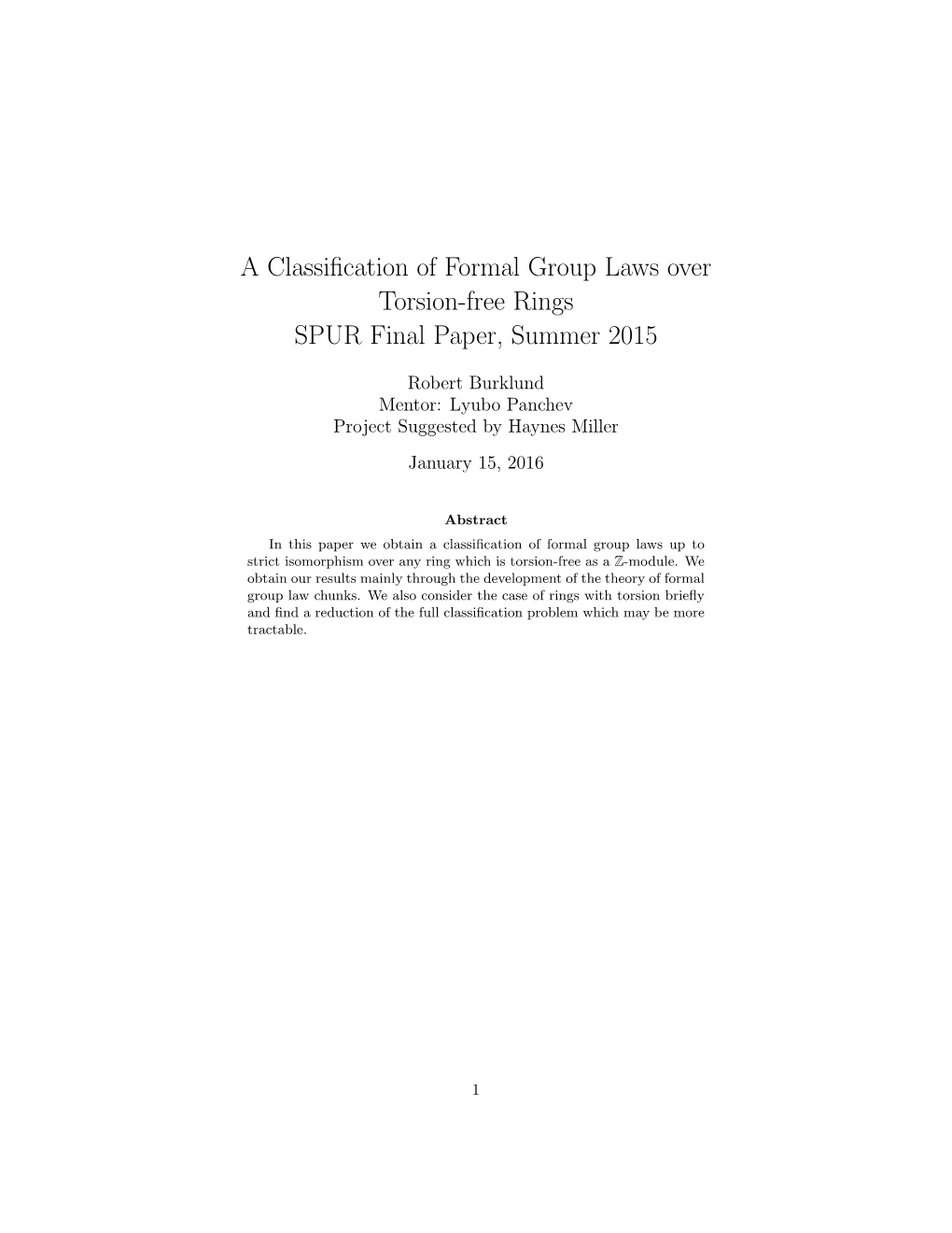 A Classification of Formal Group Laws Over Torsion-Free Rings