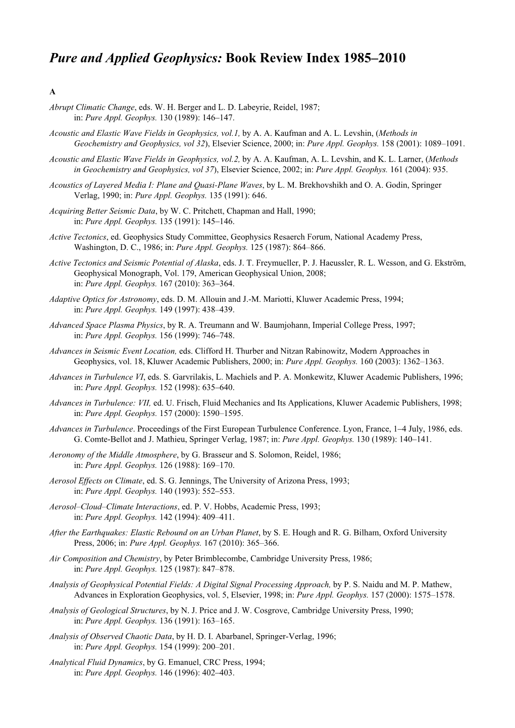 Pure and Applied Geophysics: Book Review Index 1985–2010