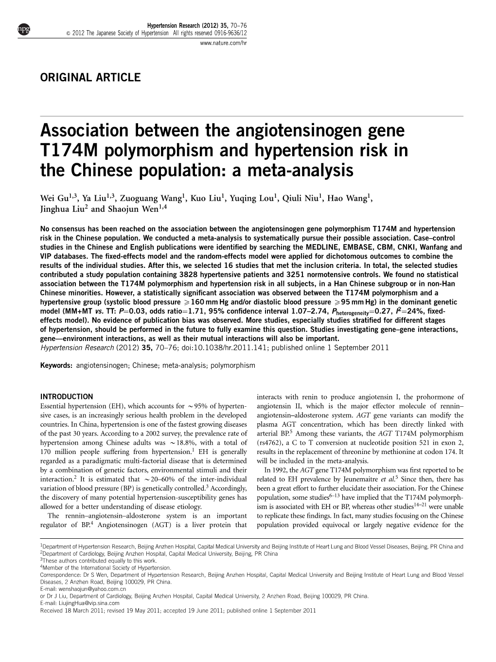 Association Between the Angiotensinogen Gene T174M Polymorphism and Hypertension Risk in the Chinese Population: a Meta-Analysis