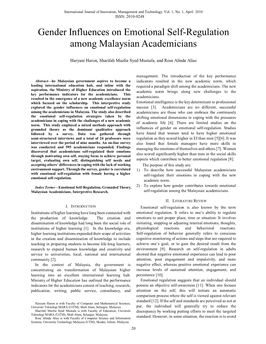 Gender Influences on Emotional Self-Regulation Among Malaysian Academicians